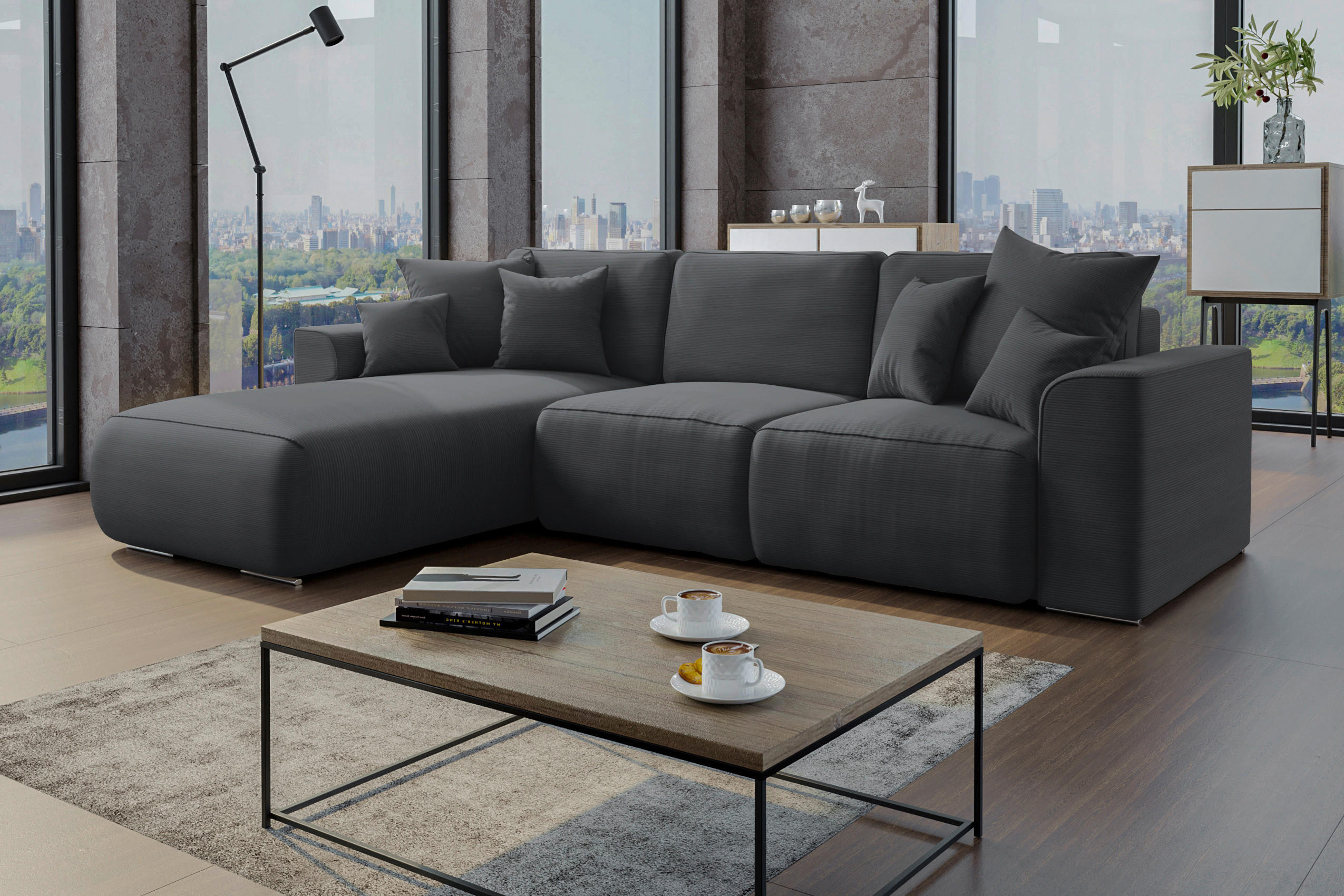 ECKSOFA Dunkelgrau Cord  - Chromfarben/Dunkelgrau, KONVENTIONELL, Kunststoff/Textil (195/293cm) - Carryhome