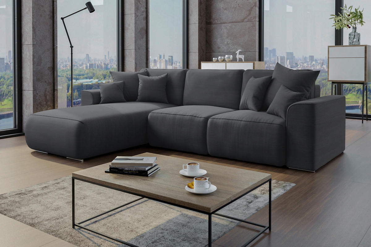 ECKSOFA in Cord Dunkelgrau  - Chromfarben/Dunkelgrau, Konventionell, Kunststoff/Textil (195/293cm) - MID.YOU