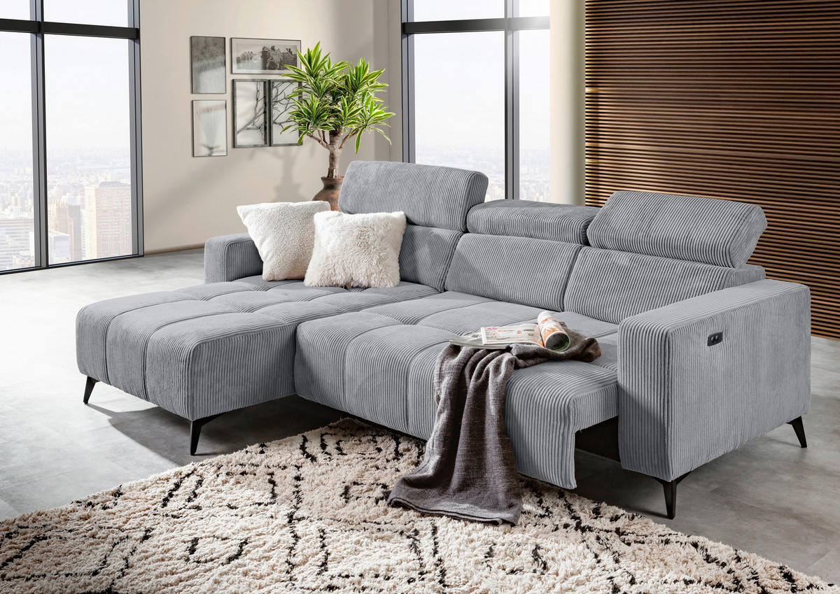 ECKSOFA Hellgrau Cord Rücken echt, Kopfteilverstellung, Sitzvorzug  - Hellgrau/Schwarz, KONVENTIONELL, Textil/Metall (170/257cm) - Carryhome