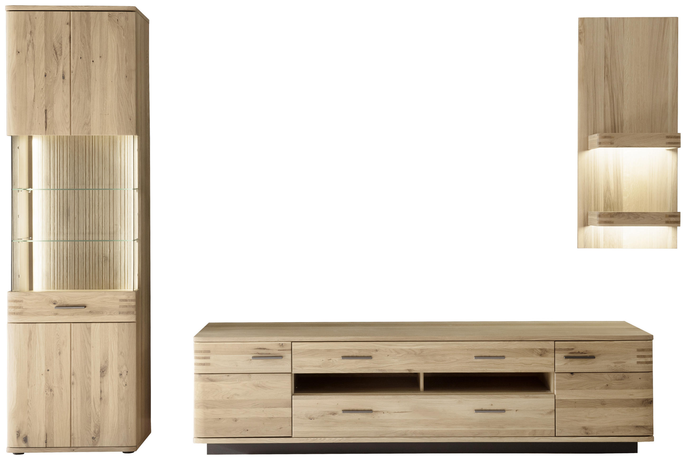 WOHNWAND Balkeneiche furniert, massiv Anthrazit, Eichefarben Einlegeböden - Eichefarben/Anthrazit, Design, Glas/Holz (300/208/50cm) - Livetastic