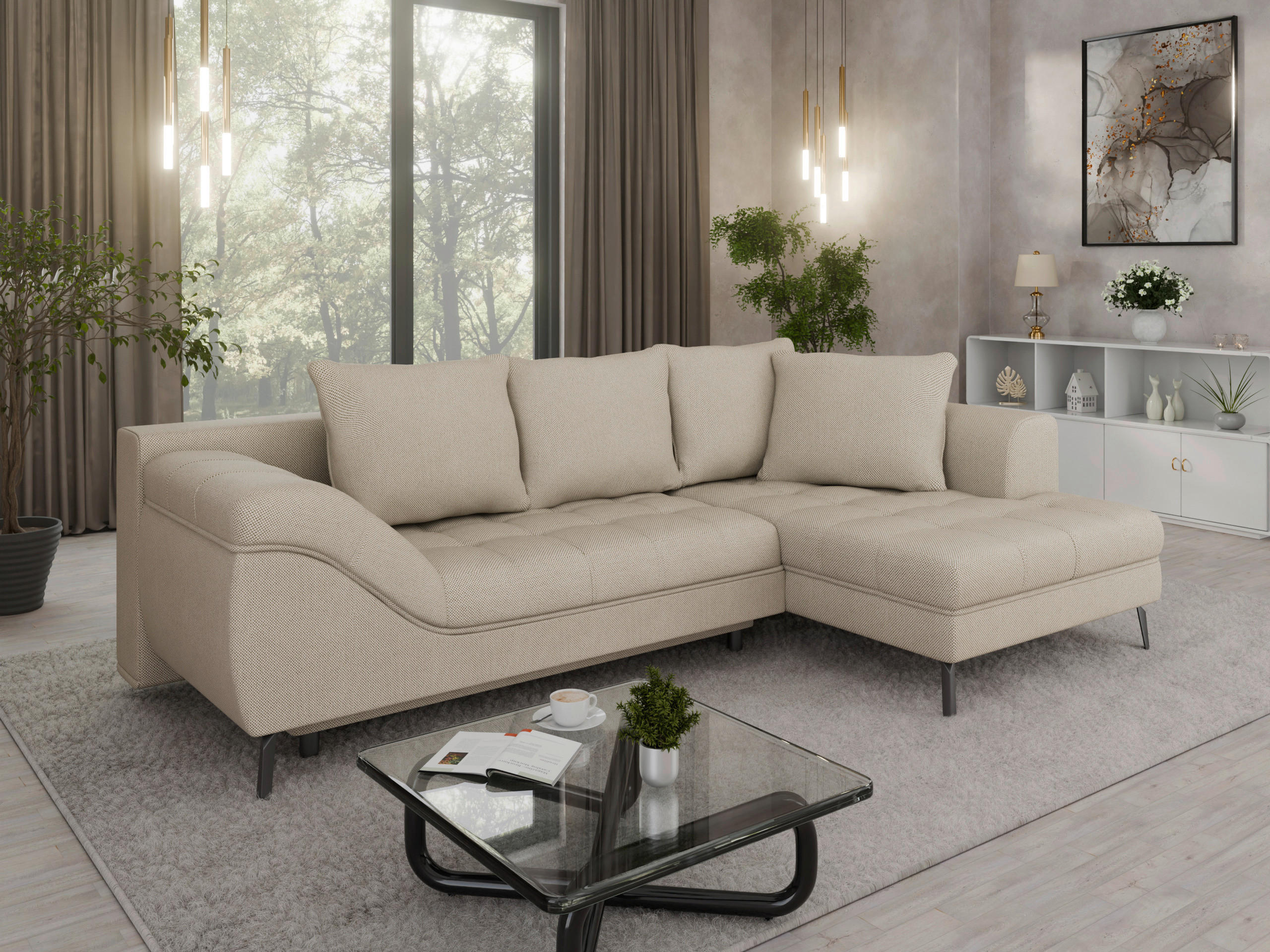 Ecksofa inkl. Funktionen Naturfarben Webstoff  - Schwarz/Naturfarben, MODERN, Textil/Metall (279/177cm) - Stylife