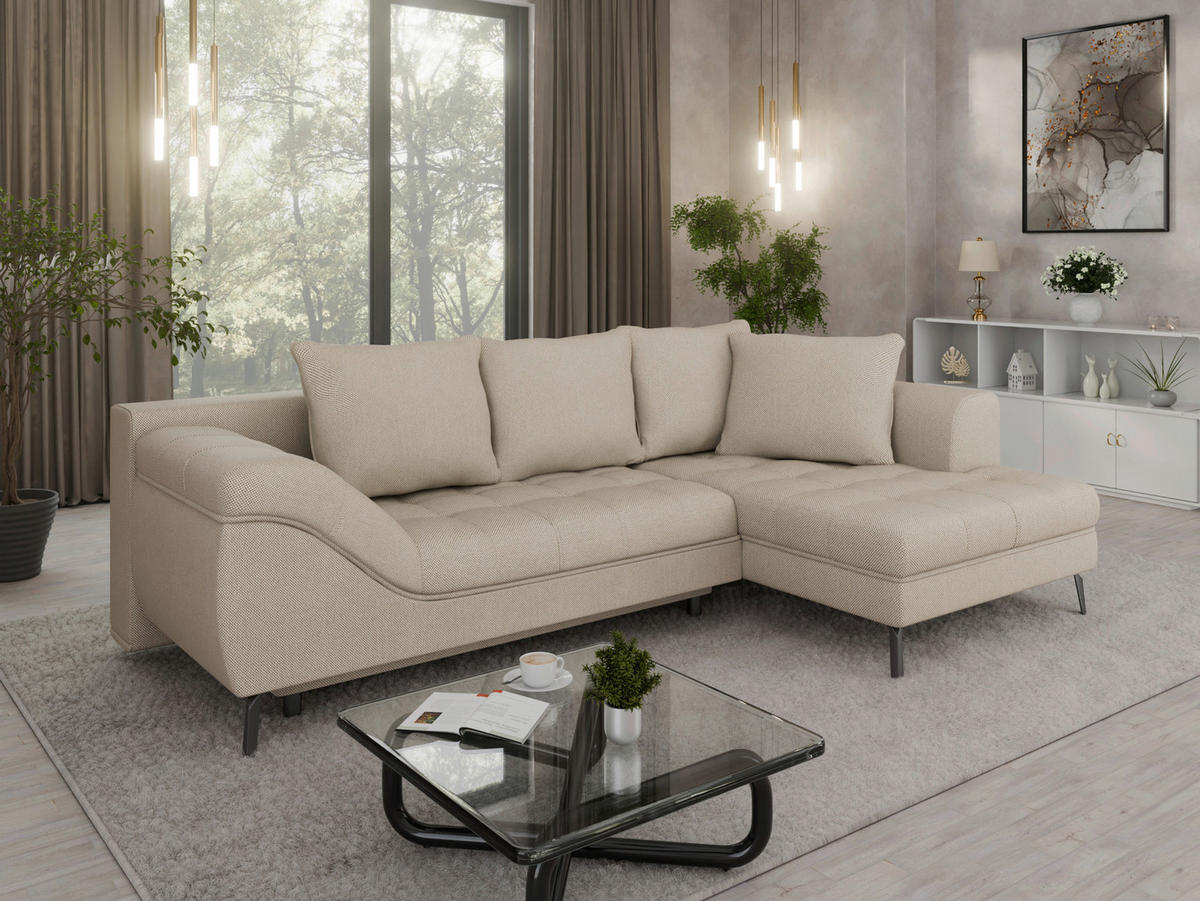 Ecksofa inkl. Funktionen in Webstoff Naturfarben  - Schwarz/Naturfarben, Modern, Textil/Metall (279/177cm)