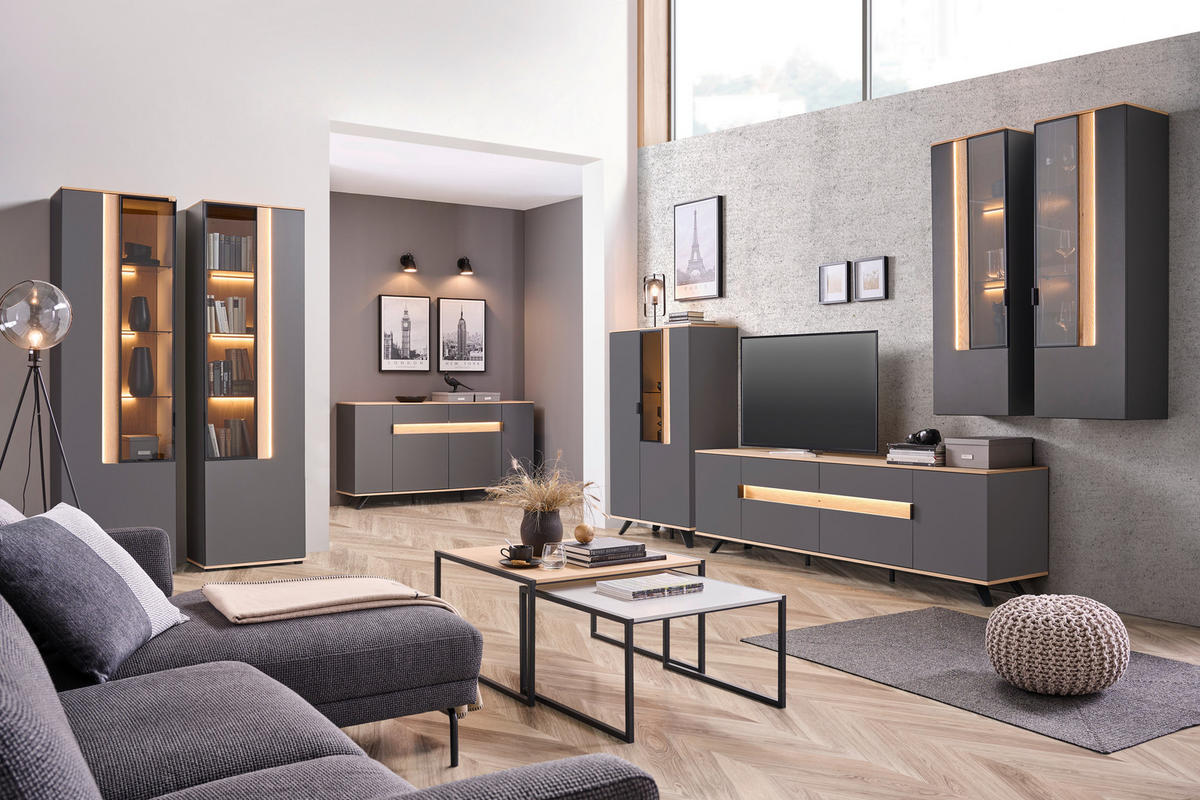 Set Mobilă Living, antracit, culoare lemn stejar, 384,4/206/48 cm - culoare lemn stejar/antracit, Design, sticlă/metal (384,4/206/48cm) - Dieter Knoll