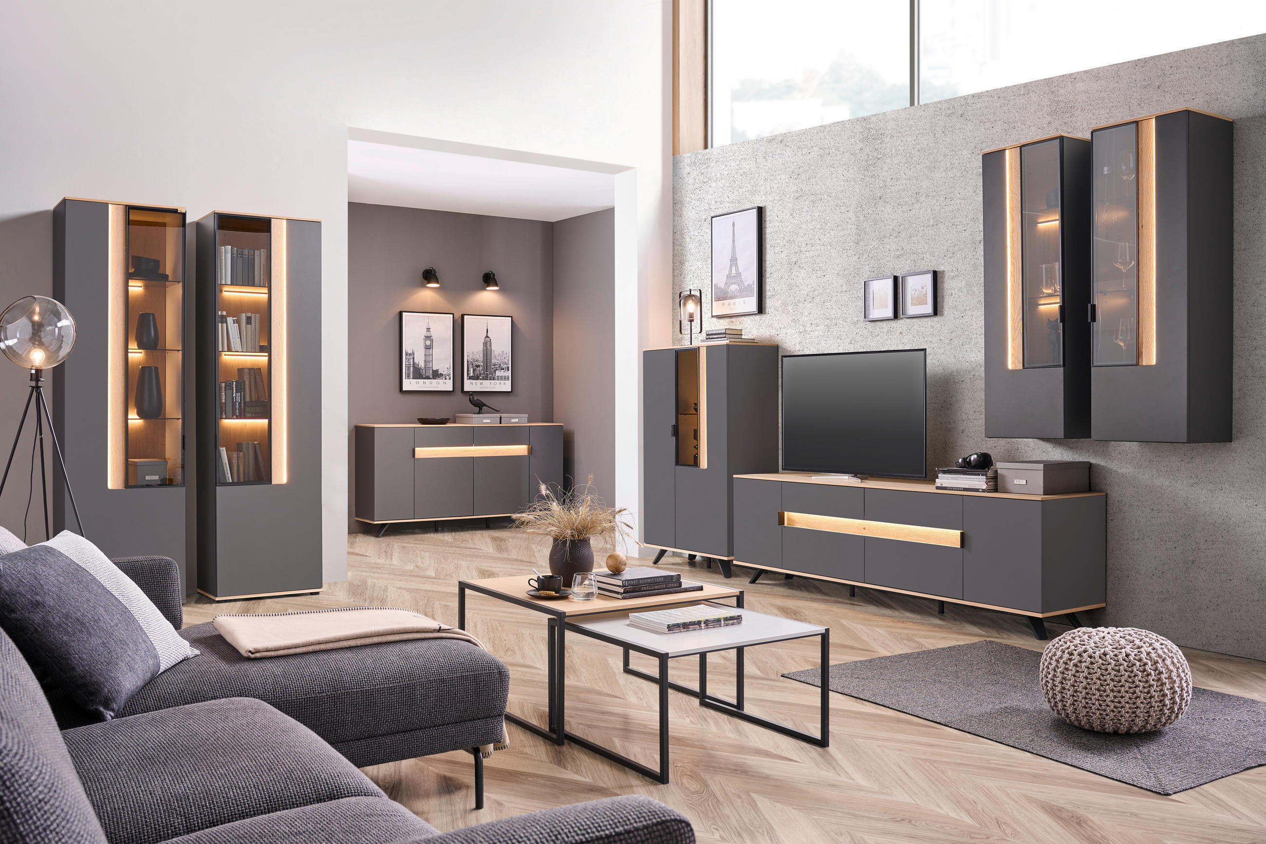 Set Mobilă Living, antracit, culoare lemn stejar, 384,4/206/48 cm