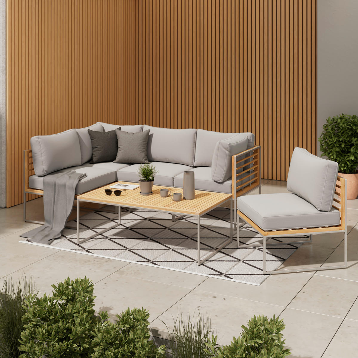 LOUNGEGARNITUR   Edelstahl  - Edelstahlfarben/Hellgrau, MODERN, Textil/Metall - Ambia Garden