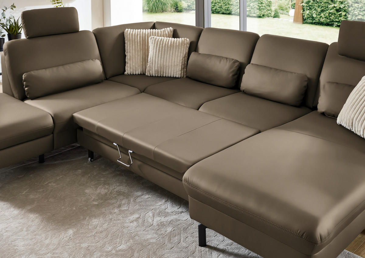 WOHNLANDSCHAFT Echtleder Graubraun  - Graubraun/Schwarz, Konventionell, Leder/Metall (224/306/168cm) - Beldomo Premium