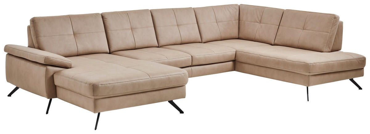 WOHNLANDSCHAFT in Lederlook, Mikrofaser Hellbraun, Haselnussfarben  - Hellbraun/Schwarz, Design, Textil/Metall (345/220cm) - Beldomo System