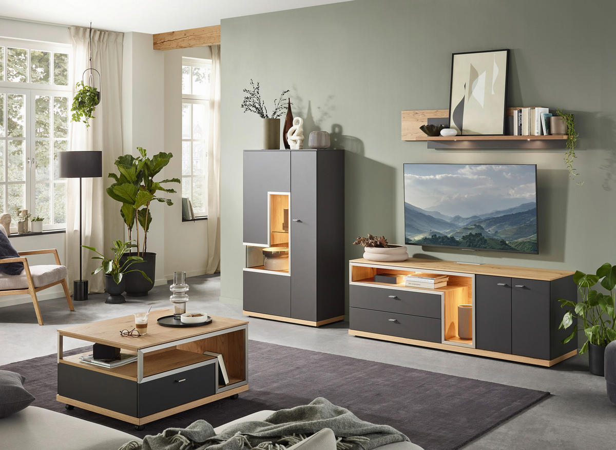 WOHNWAND 3-teilig  in Grau, Eichefarben  290/161/52 cm  - Schieferfarben/Eichefarben, Design, Glas/Holz (290/161/52cm) - Dieter Knoll