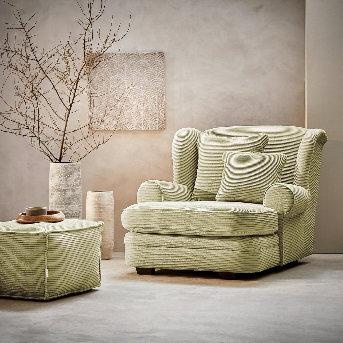 XXL-SESSEL in Cord Hellgrün  - Beige/Dunkelbraun, Design, Holz/Textil (121/100/140cm) - Ambia Home