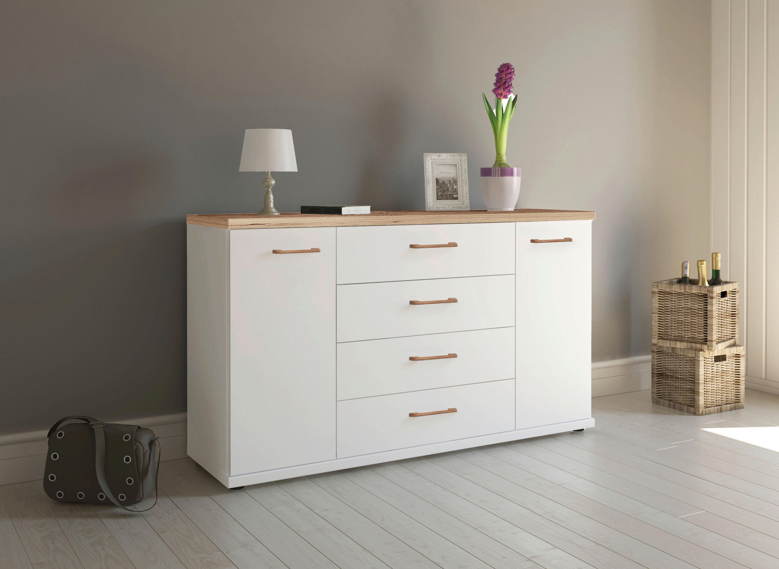 SIDEBOARD 149/86/42 cm  in Weiß, Eiche Bianco  - Eiche Bianco/Schwarz, KONVENTIONELL, Holz/Holzwerkstoff (149/86/42cm) - Venda