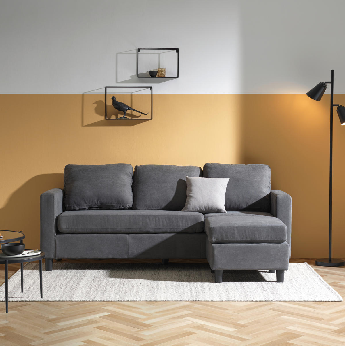 HÖRNSOFFA i plysch grå  - grå/svart, Design, trä/textil (198/135cm) - Best Price