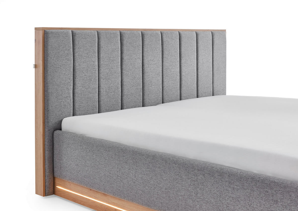 POLSTERBETT 180/200 cm,  in Grau, Beleuchtung,  - Eichefarben/Grau, Design, Holzwerkstoff/Textil (180/200cm) - Stylife