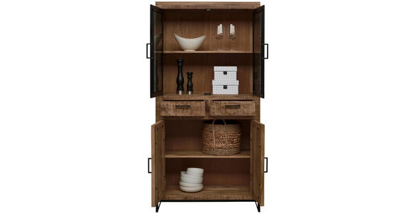 VITRINE in massiv Mangoholz Naturfarben, Hellbraun - Hellbraun/Schwarz, Design, Glas/Holz (90/180/40cm) - Carryhome