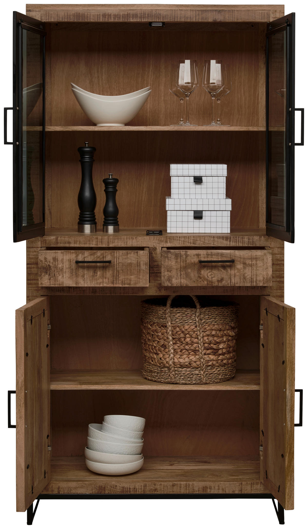 VITRINSKÅP naturfärgad, ljusbrun  90/180/40 cm  - ljusbrun/svart, Design, metall/trä (90/180/40cm) - Carryhome