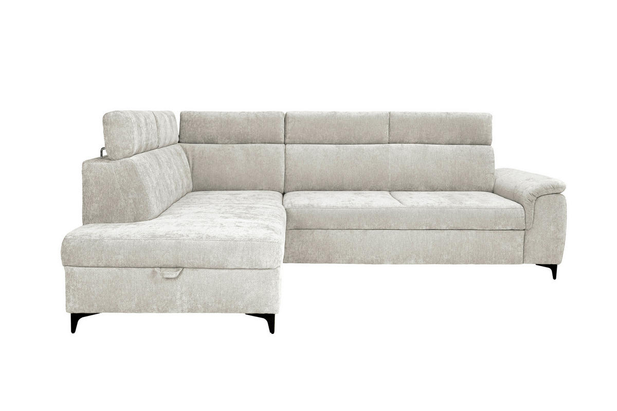 ECKSOFA Elfenbein Chenille Bettkasten, Schlaffunktion, Rücken echt, Kopfteilverstellung, Liegefläche im Originalstoff  - Elfenbein/Schwarz, KONVENTIONELL, Textil/Metall (206/265cm) - Carryhome