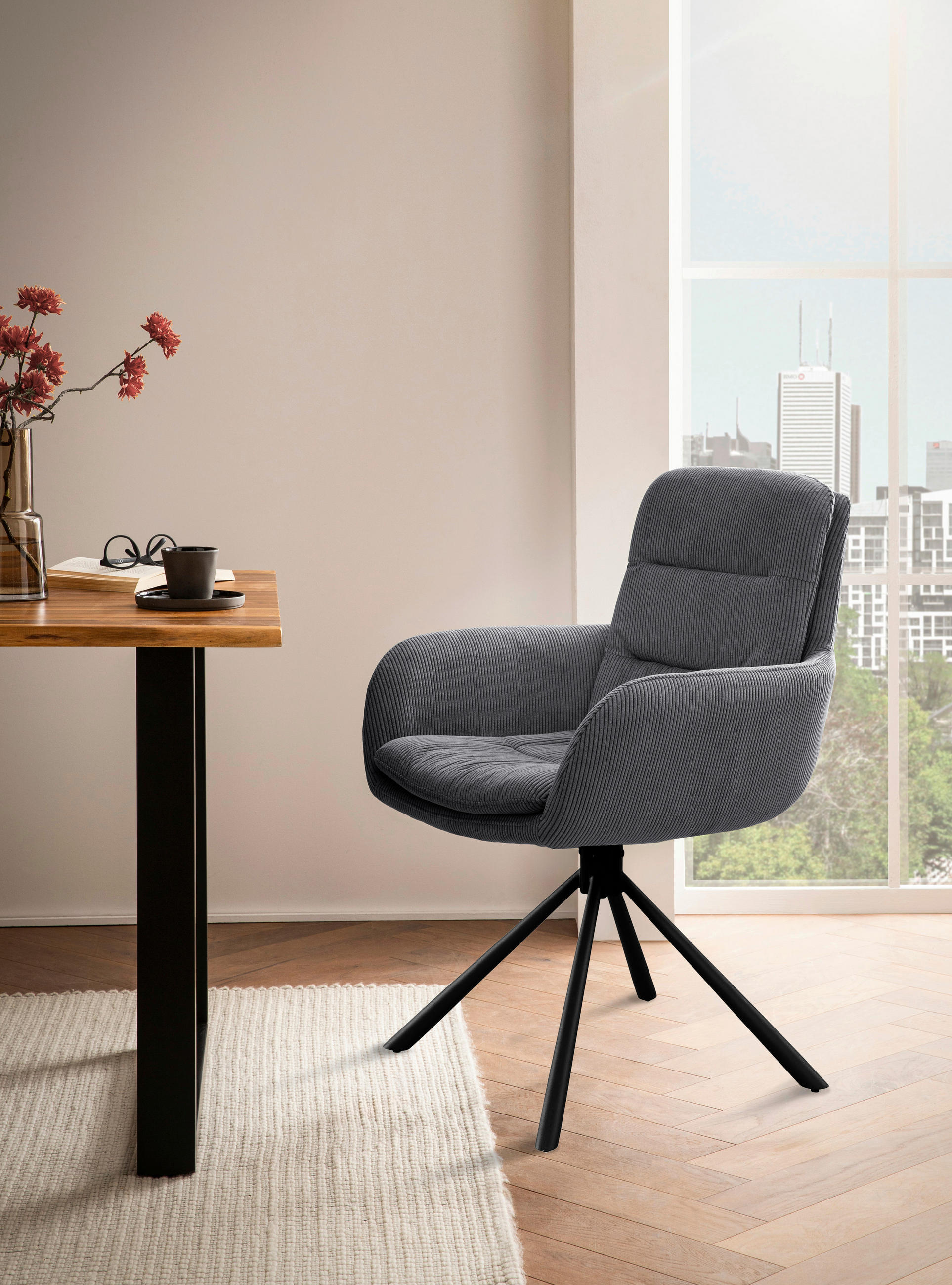 DREHSTUHL Cord Dunkelgrau  - Dunkelgrau/Schwarz, MODERN, Textil/Metall (60/89/64cm) - Livetastic