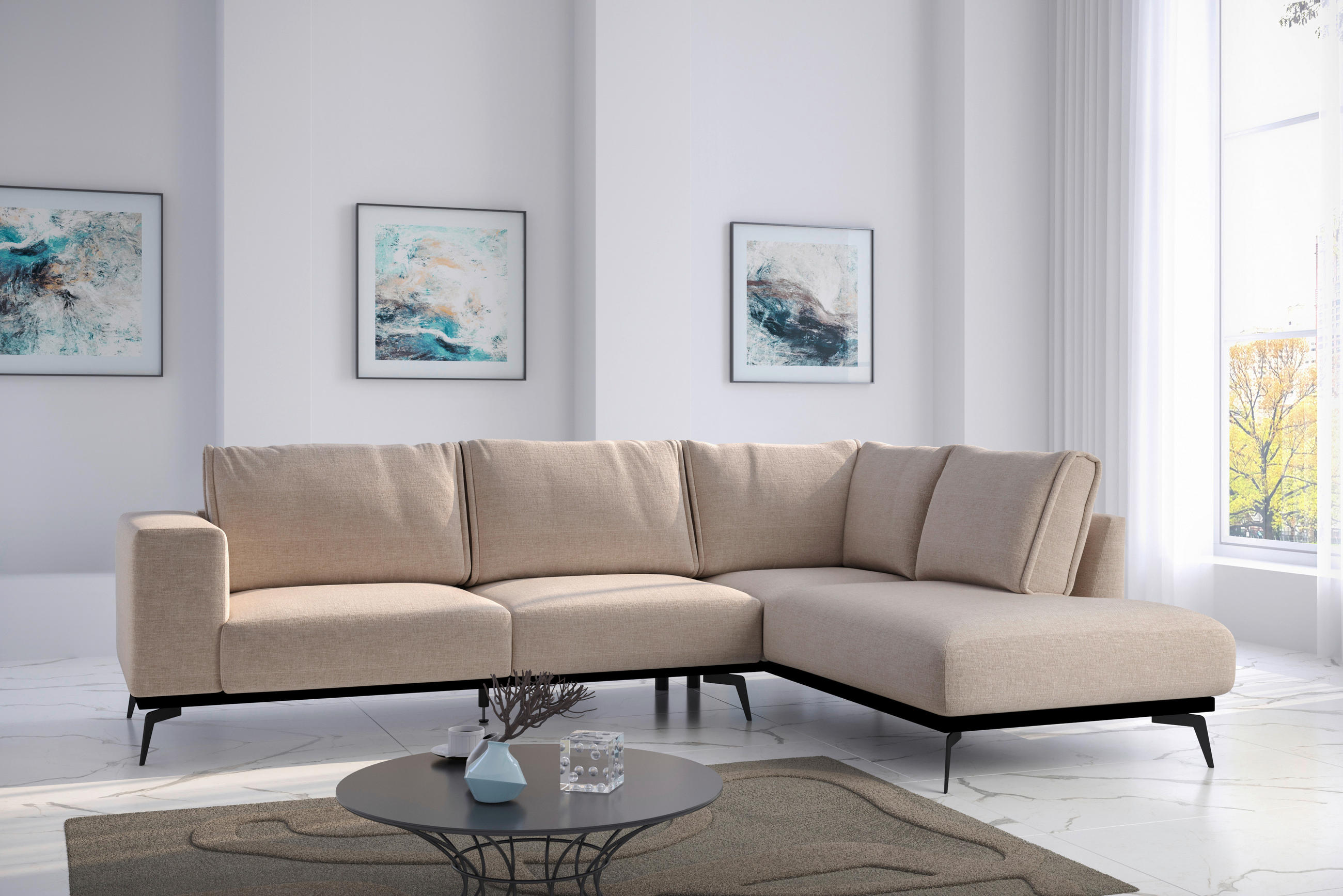 ECKSOFA Beige beflockt  - Beige/Schwarz, Design, Holz/Textil (293/200cm) - MID.YOU