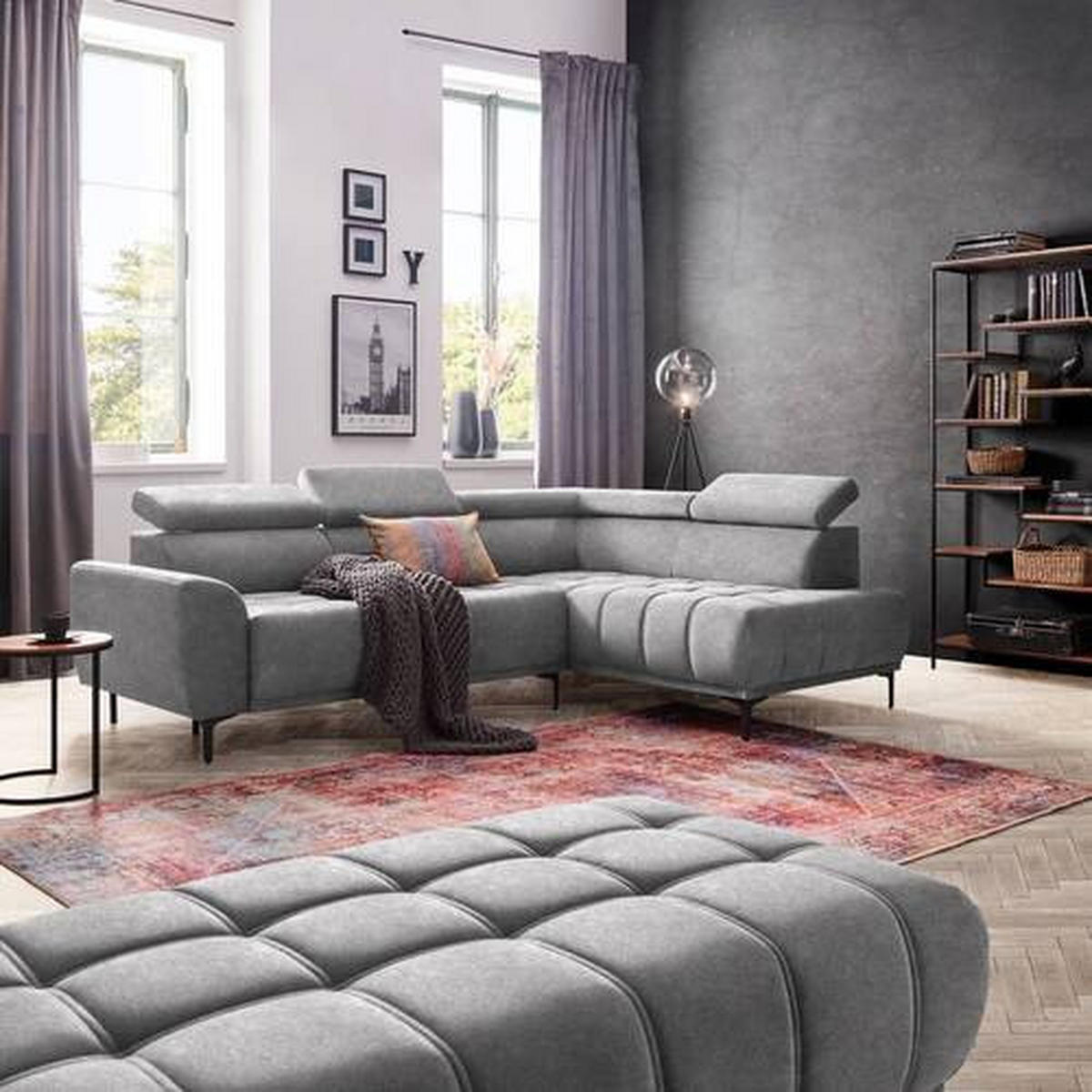 ECKSOFA Grau Velours  - Schwarz/Grau, Design, Textil/Metall (261/191cm) - Stylife