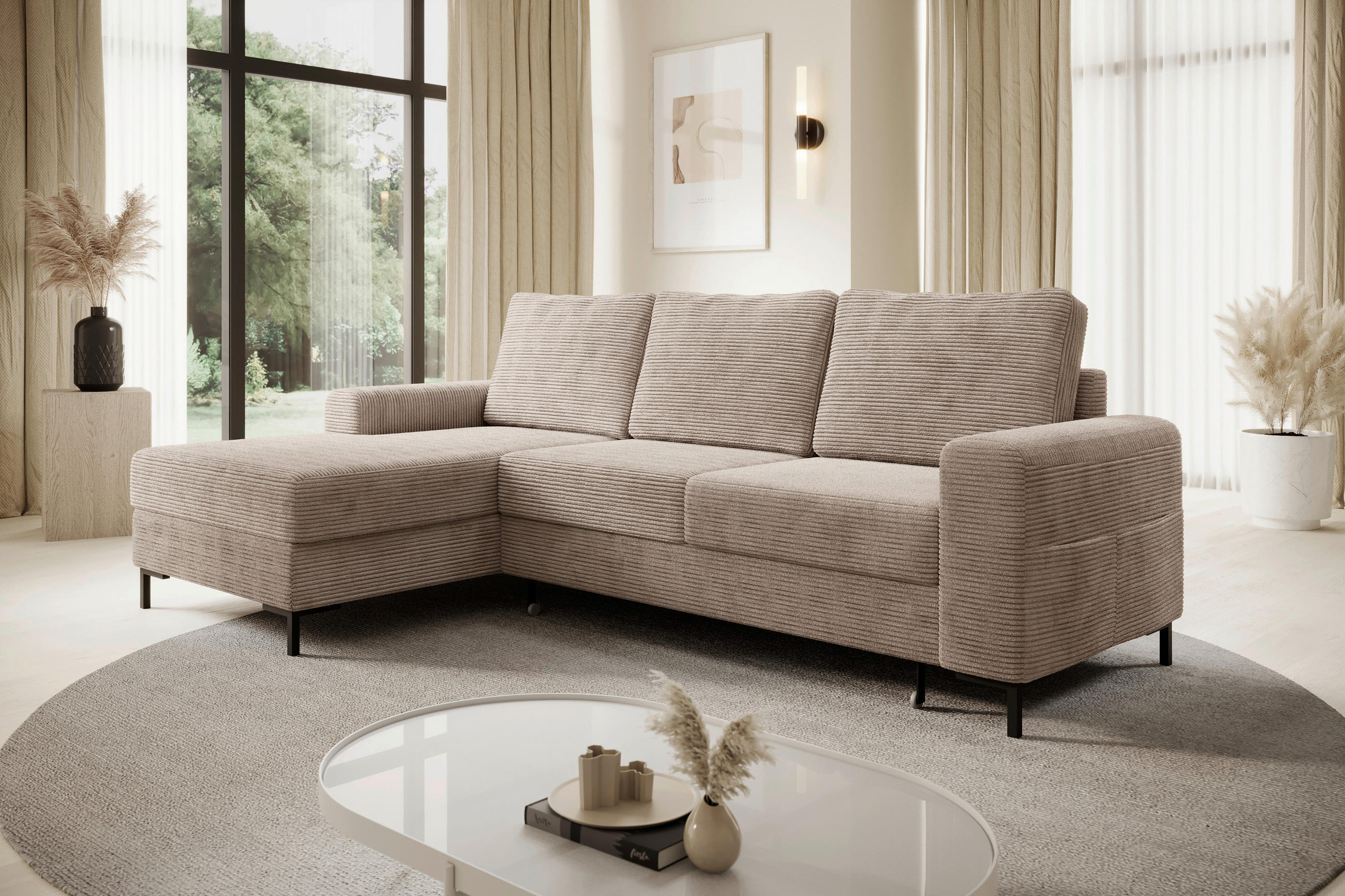 ECKSOFA Taupe Cord  - Taupe/Schwarz, KONVENTIONELL, Textil/Metall (150/240cm) - Carryhome