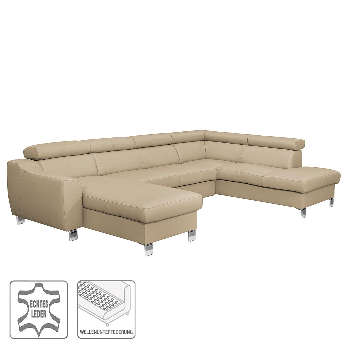 WOHNLANDSCHAFT in Lederlook Echtleder Beige  - Chromfarben/Beige, Design, Leder/Textil (175/315/208cm) - Livetastic