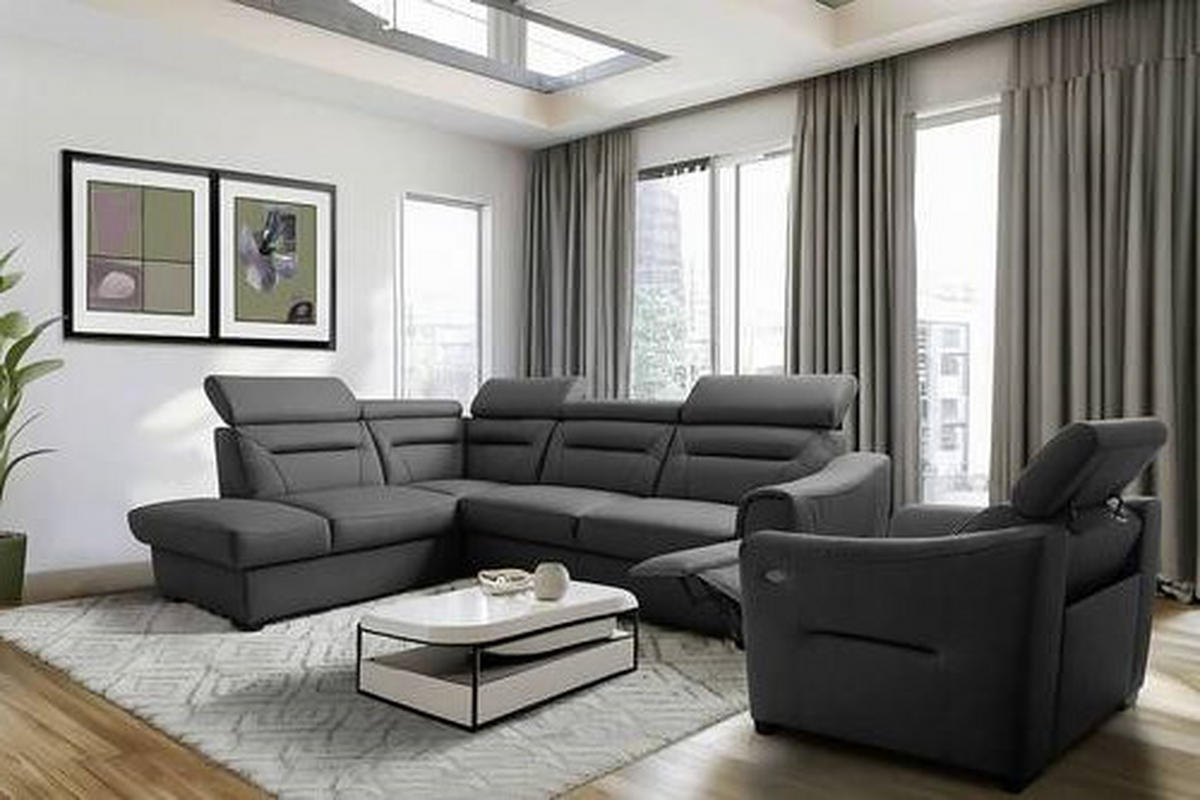 ECKSOFA Anthrazit Echtleder Lederlook Bettkasten, Schlaffunktion, Rücken echt, Kopfteilverstellung  - Wengefarben/Anthrazit, Design, Leder/Holz (212/260cm) - Celina Home