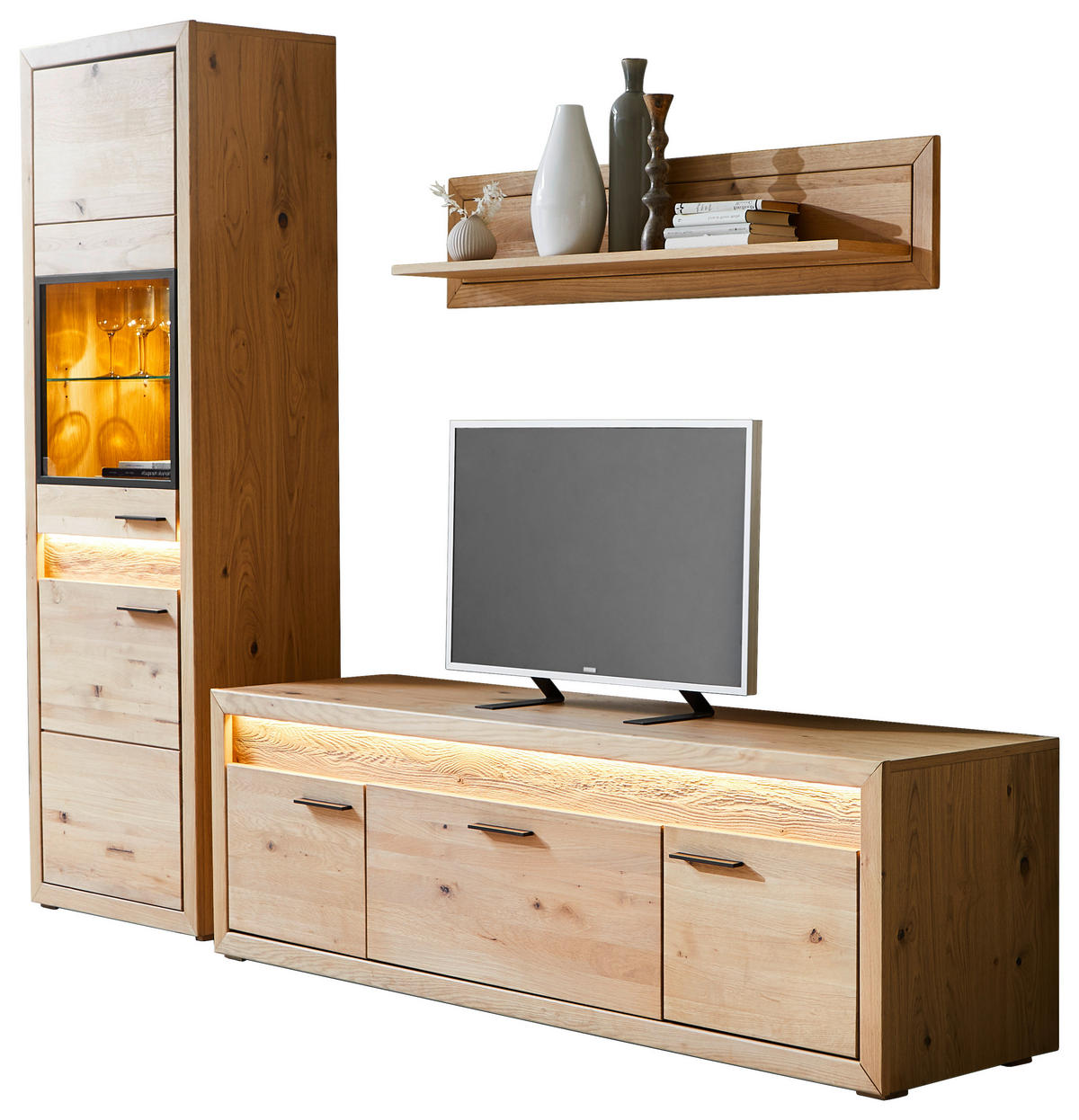 WOHNWAND  in Eichefarben  253,8/198,4/49 cm    - Eichefarben/Schwarz, KONVENTIONELL, Glas/Holz (253,8/198,4/49cm) - Cantus