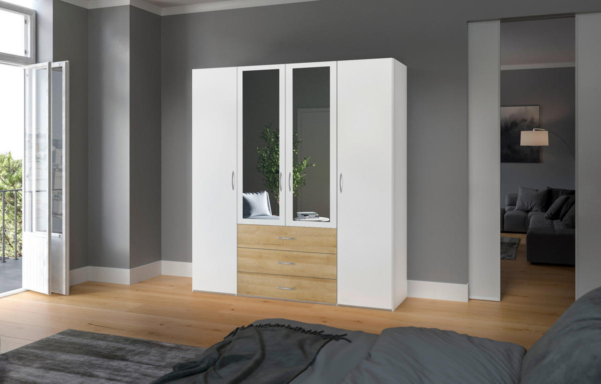 KLEIDERSCHRANK  in Weiß, Eichefarben  - Eichefarben/Silberfarben, Design, Glas/Holzwerkstoff (203/215/59cm) - Carryhome