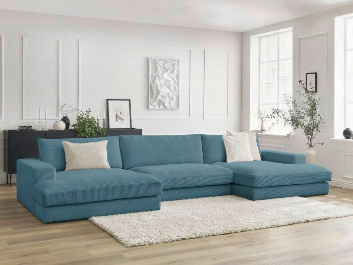 WOHNLANDSCHAFT LEONARD Hellblau Cord  - Schwarz/Hellblau, MODERN, Kunststoff/Textil (159/349/159cm)