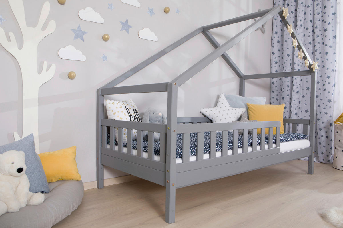 HAUSBETT  in Hellgrau, Absturzsicherung, Matratze, Rollrost, Bettkasten  - Hellgrau/Weiß, MODERN, Holz/Textil (90/200cm) - MID.YOU