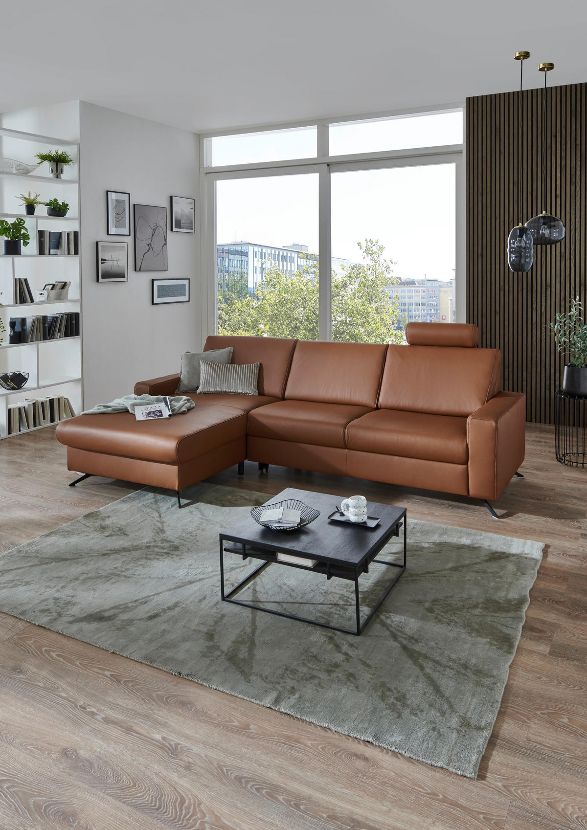 ECKSOFA in Echtleder Cognac  - Cognac/Schwarz, Design, Leder/Metall (165/267cm) - Lomoco