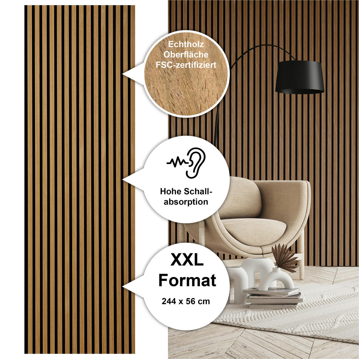 AKUSTIKPANEEL Echtholz  - Eichefarben, Basics, Holzwerkstoff/Kunststoff (244/56/1,8cm) - Novel