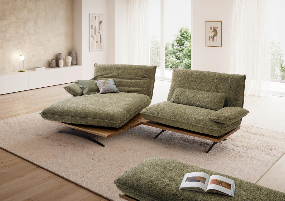 ECKSOFA Wildeiche, Graugrün Chenille, Flachgewebe Rücken echt, Armteilverstellung, Relaxfunktion, Drehsitzfunktion  - Wildeiche/Schwarz, Design, Holz/Textil (161/284cm) - Koinor