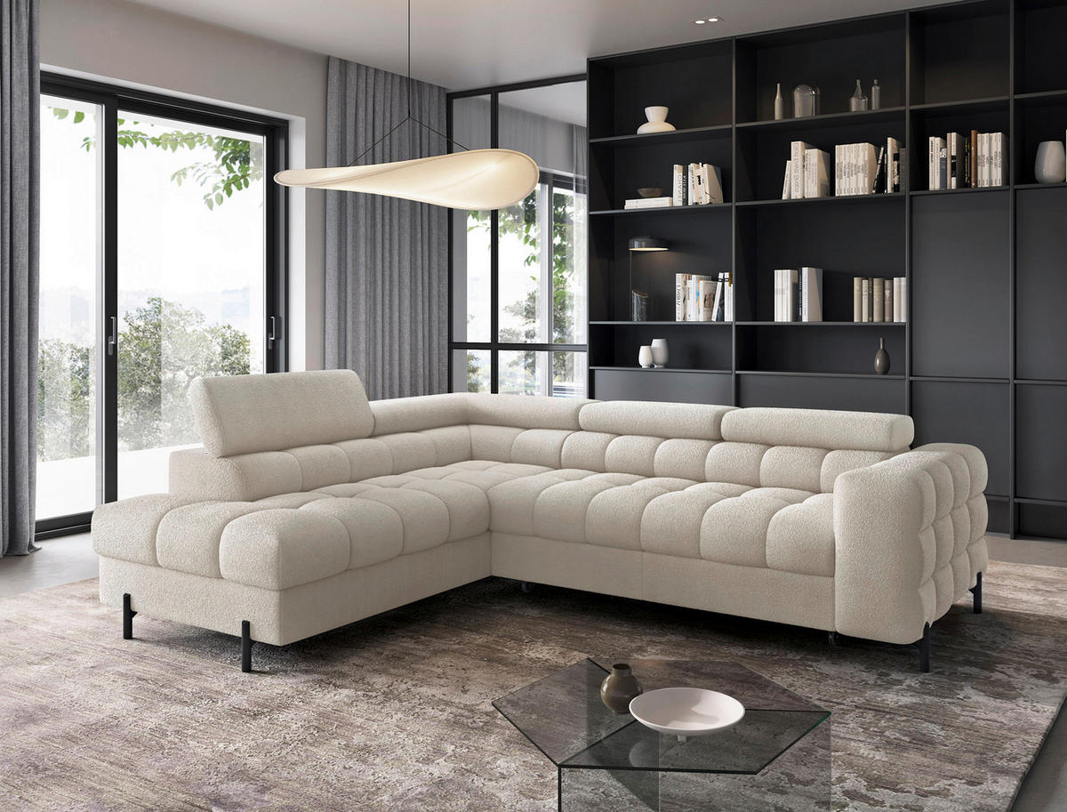 ECKSOFA FERUCCE Creme Teddystoff Bettkasten, Kopfteilverstellung  - Creme/Schwarz, Design, Textil/Metall (200/276cm) - MID.YOU
