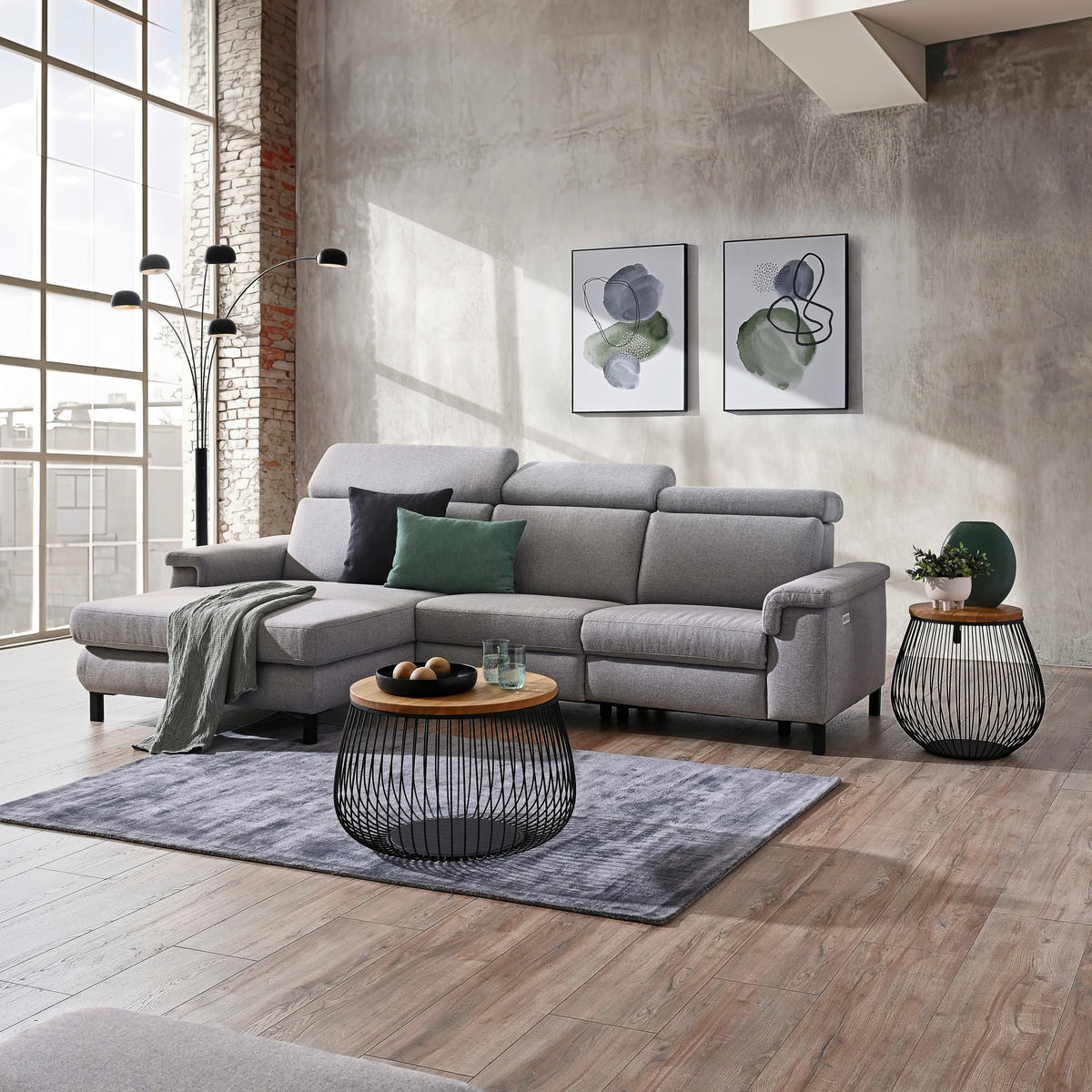 ECKSOFA in Flachgewebe Hellgrau  - Hellgrau/Schwarz, Konventionell, Textil/Metall (182/304cm) - Pure Home Comfort