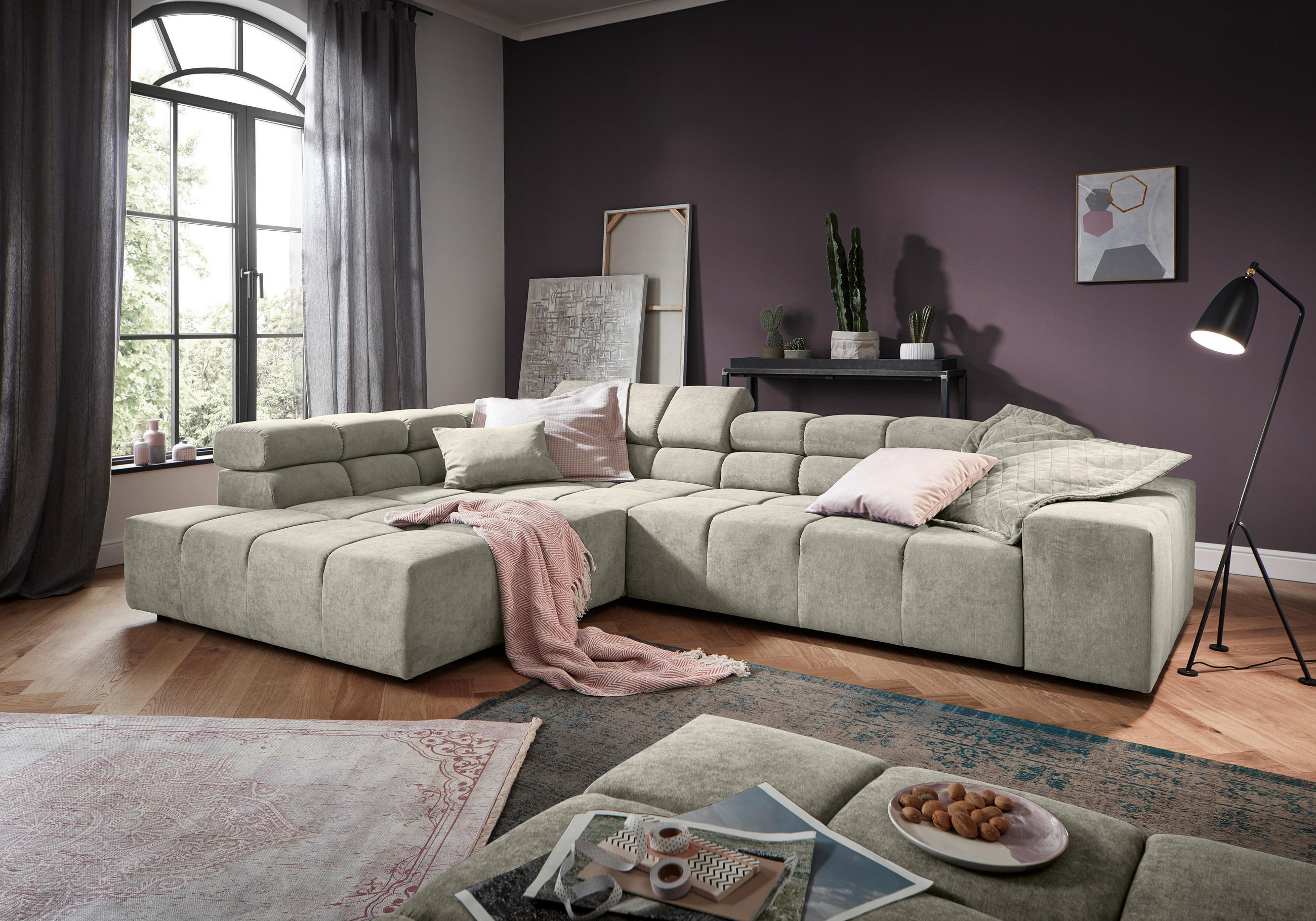ECKSOFA Creme Velours  - Creme/Schwarz, Design, Kunststoff/Textil (213/317cm) - Hom`in