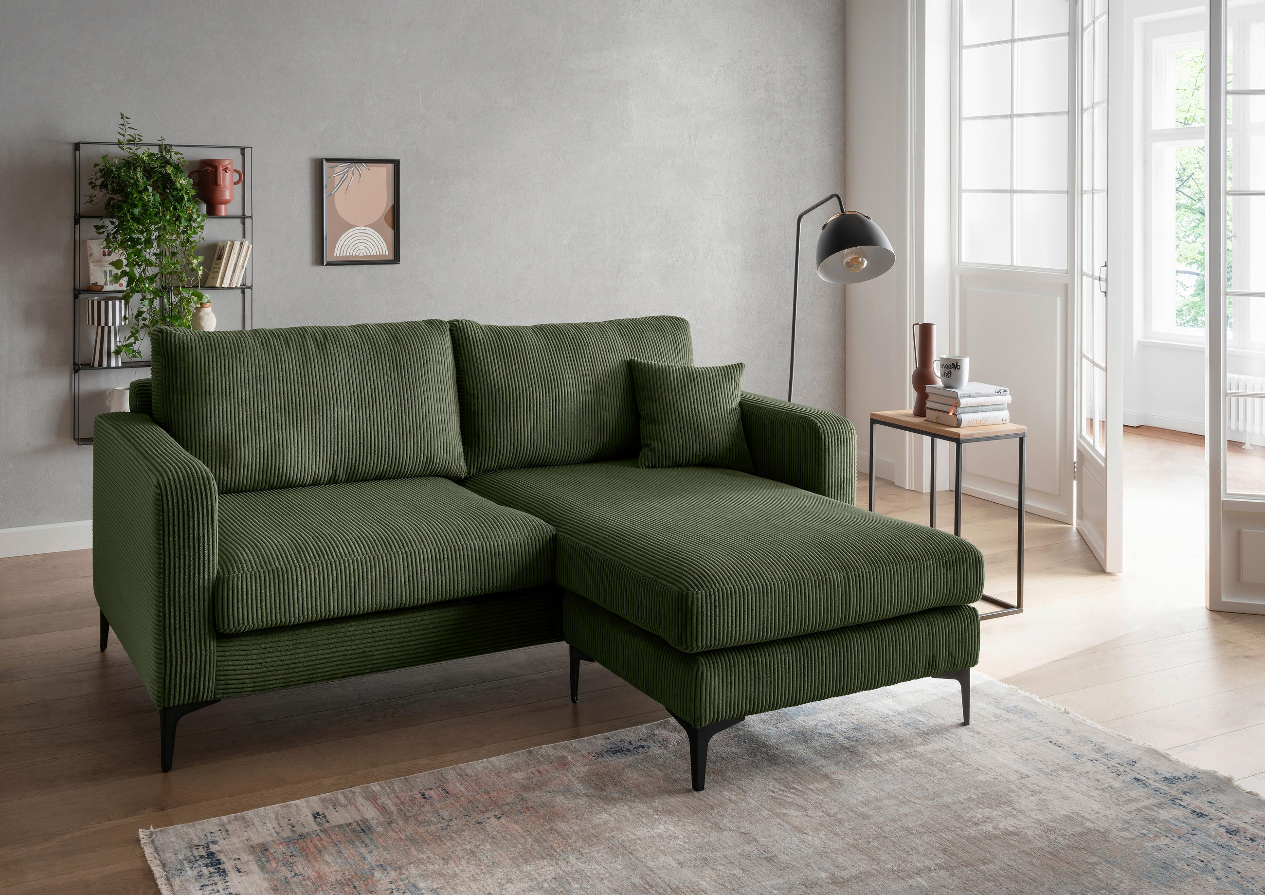 ECKSOFA Eliza Dunkelgrün Cord  - Dunkelgrün/Schwarz, Basics, Textil/Metall (204/153cm) - Livetastic