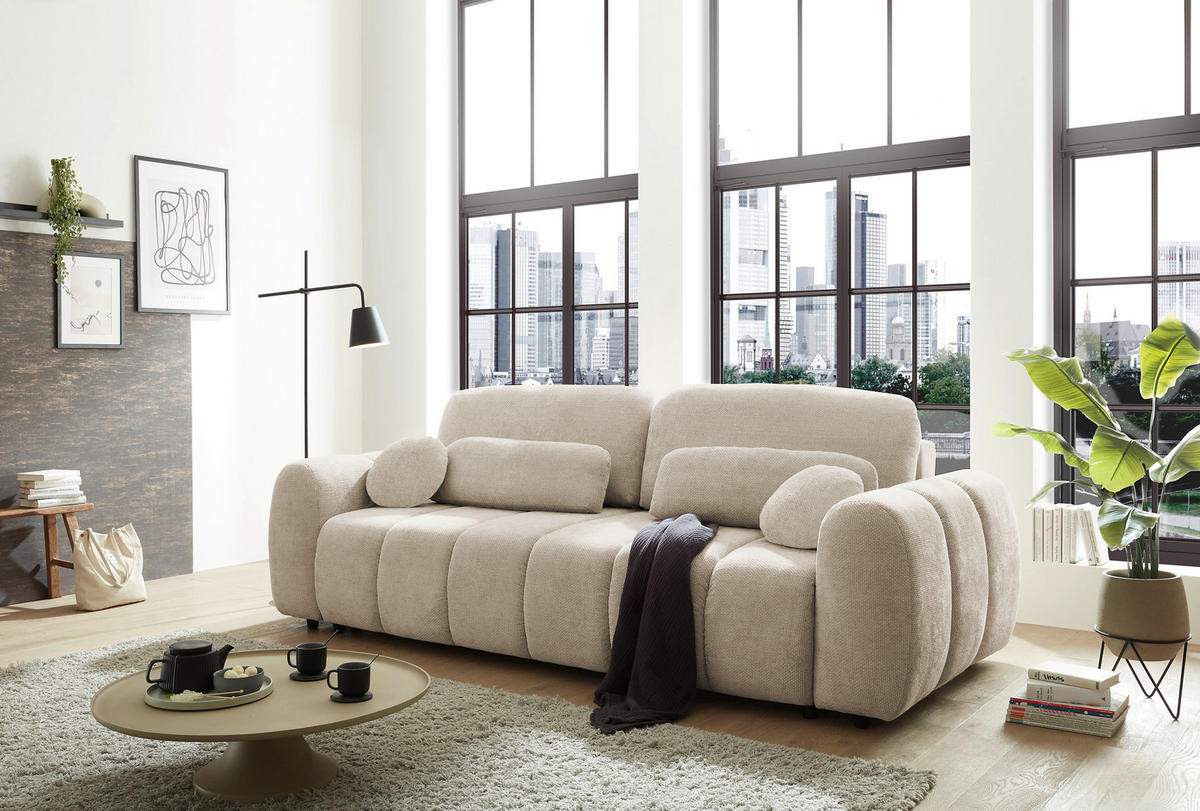 SCHLAFSOFA  mit Schlafen auf Sitzhöhe, Rücken echt, Armteil links, Armteil rechts Webstoff Beige  - Beige/Schwarz, Design, Kunststoff/Textil (256/76/112cm) - MID.YOU