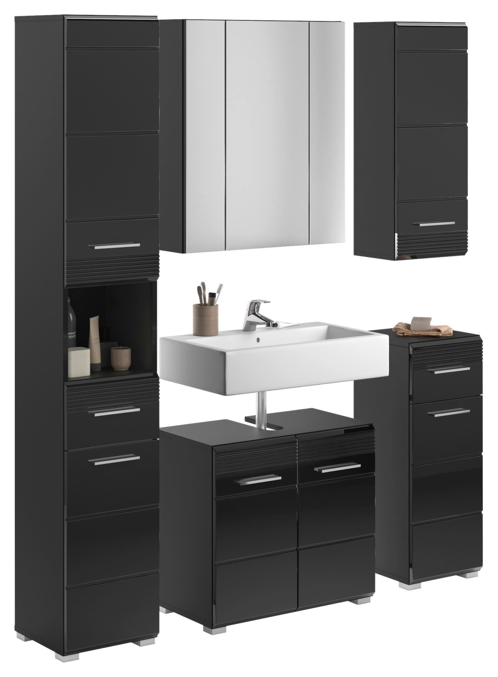 BADEZIMMER 5-teilig  in 120 cm  - Schwarz Hochglanz/Silberfarben, MODERN, Glas/Holzwerkstoff (120cm) - MID.YOU