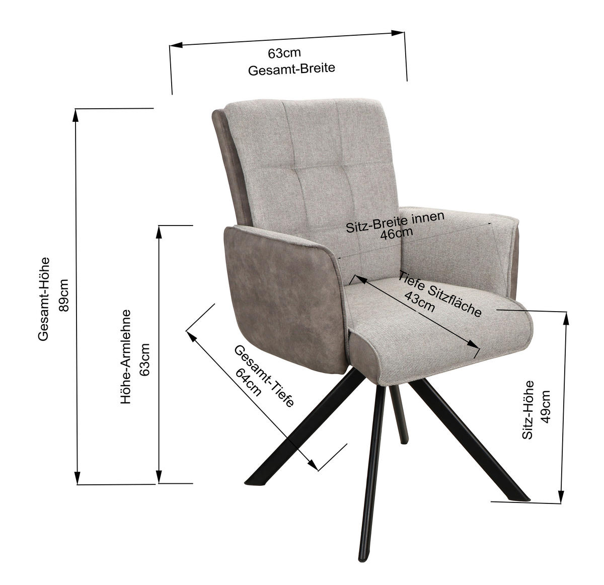 ARMLEHNSTUHL  Sitzfläche 360° drehbar Webstoff, Leinenoptik  Grau, Schwarz  - Schwarz/Grau, Modern, Holz/Textil (61/91/64cm) - Livetastic