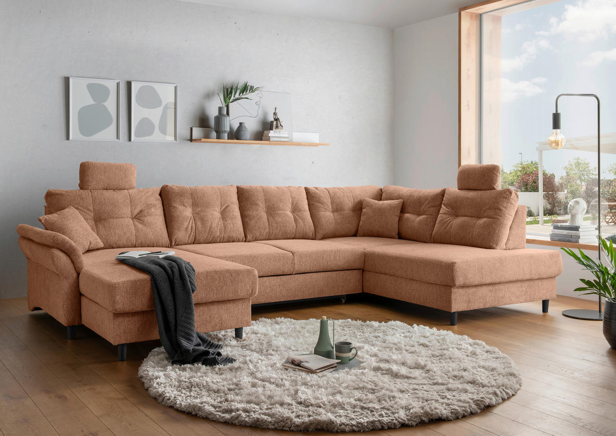WOHNLANDSCHAFT Koralle Chenille  - Koralle/Schwarz, MODERN, Holz/Textil (176/338/206cm) - Livetastic