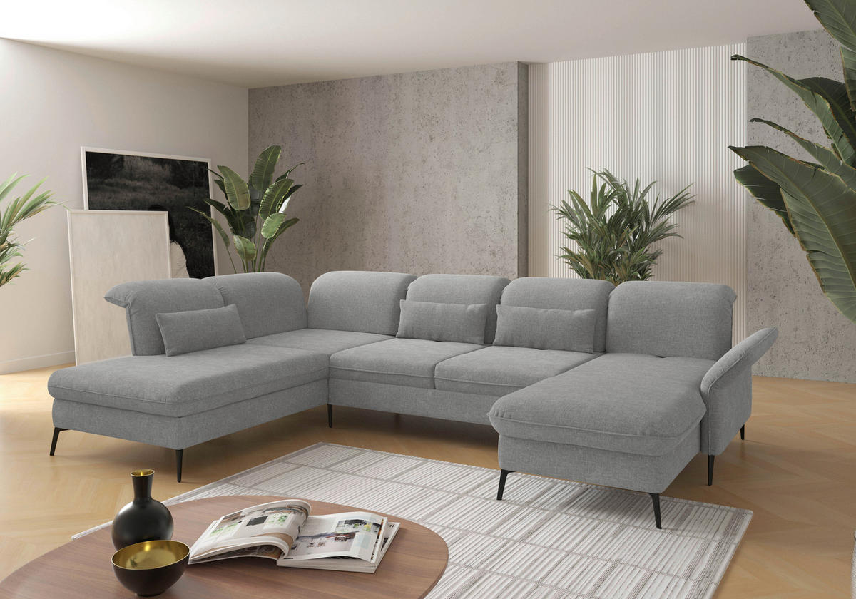 WOHNLANDSCHAFT Flachgewebe Hellgrau  - Hellgrau/Schwarz, Konventionell, Textil/Metall (231/359/198cm) - Sit & More