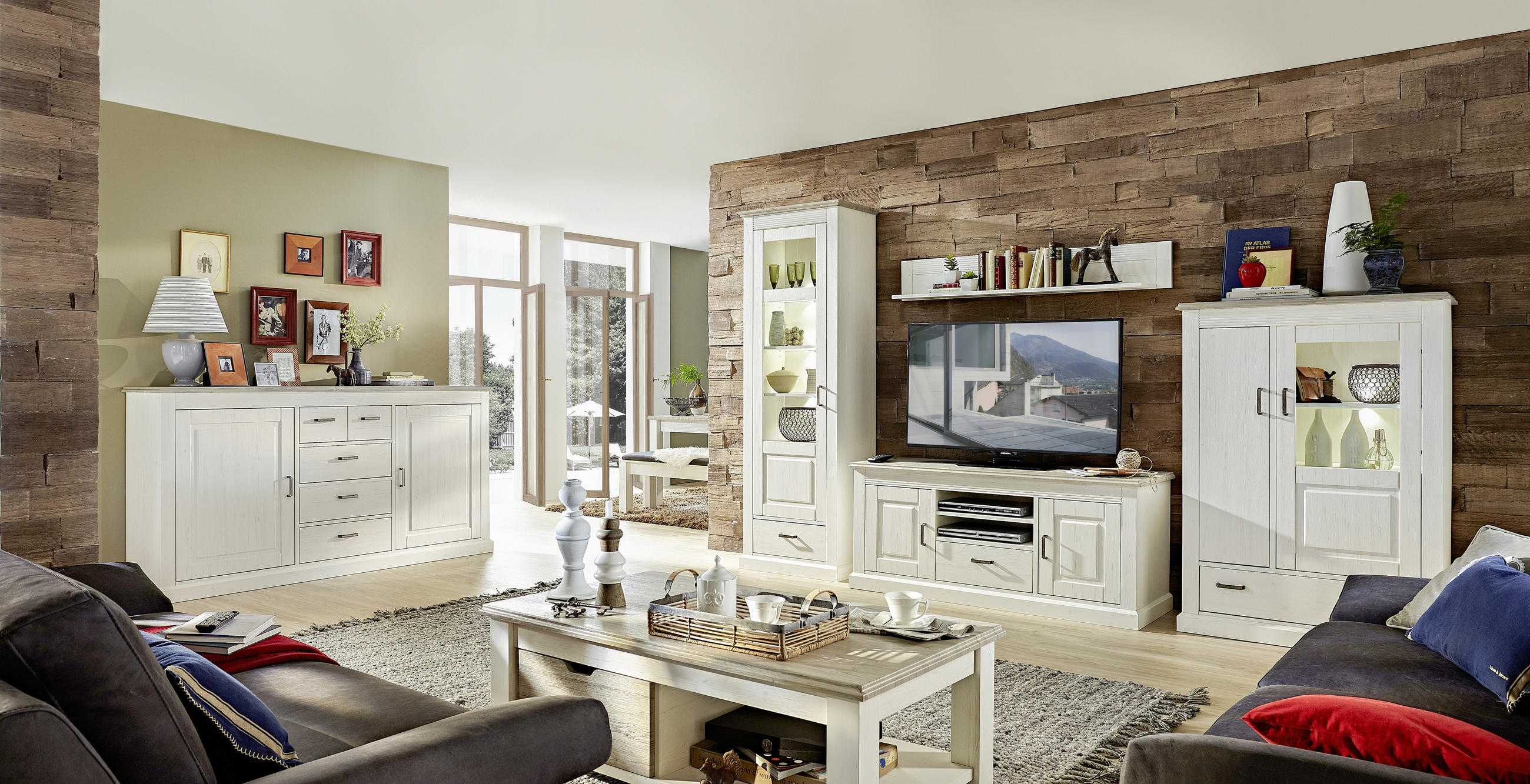 WOHNWAND Pinie Taupe, Pinienfarben Beleuchtung, Befestigungsmaterial, Einlegeboden  - Taupe/Anthrazit, LIFESTYLE, Holzwerkstoff/Metall (348/204/52cm) - Landscape