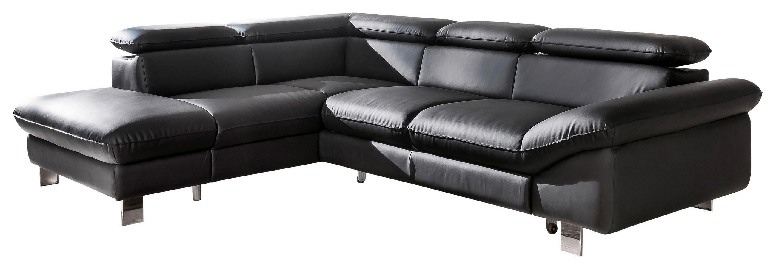 WOHNLANDSCHAFT Schwarz Lederlook Bettkasten, Schlaffunktion, Rücken echt, Kopfteilverstellung  - Chromfarben/Schwarz, MODERN, Textil/Metall (214/266cm) - MID.YOU