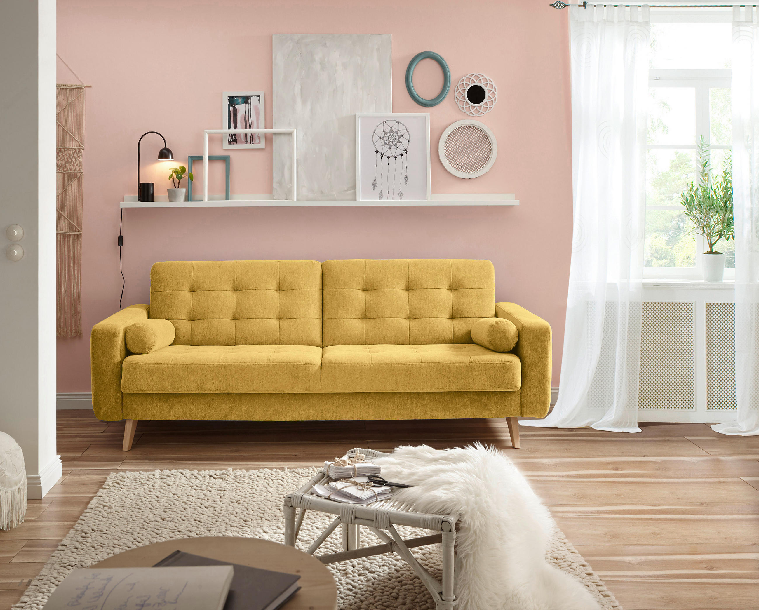 Thumbnail - Mid.you Schlafsofa, Gelb, Textil, 222x86x90 cm, Wohnzimmer, Sofas & Couches, Schlafsofas, Schlafsofas mit Bettkasten