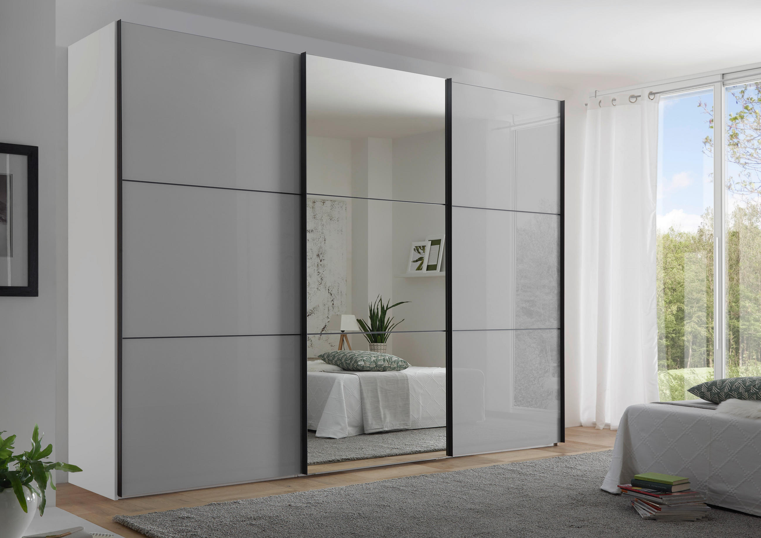 SCHWEBETÜRENSCHRANK 249/222/68 cm 3-türig  - Hellgrau/Schwarz, KONVENTIONELL, Glas/Holzwerkstoff (249/222/68cm) - Moderano