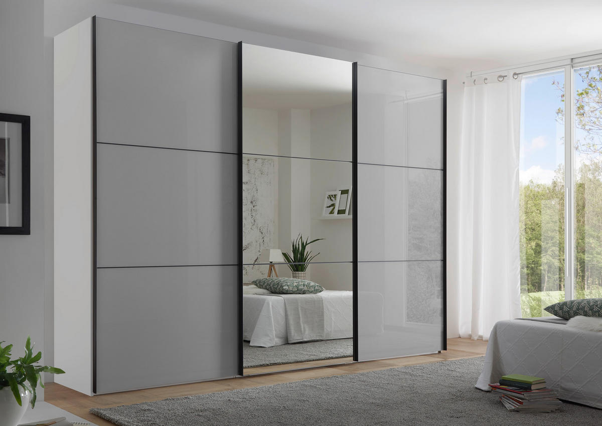 SCHWEBETÜRENSCHRANK 280/222/68 cm 3-türig Weiß, Hellgrau - Einrichtungsbeispiel