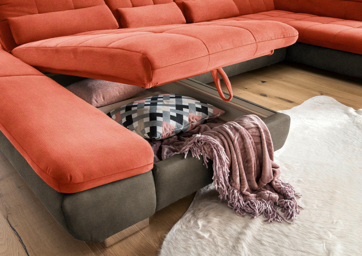 WOHNLANDSCHAFT in Mikrofaser Orange  - Chromfarben/Orange, Design, Kunststoff/Textil (204/350/211cm) - Xora