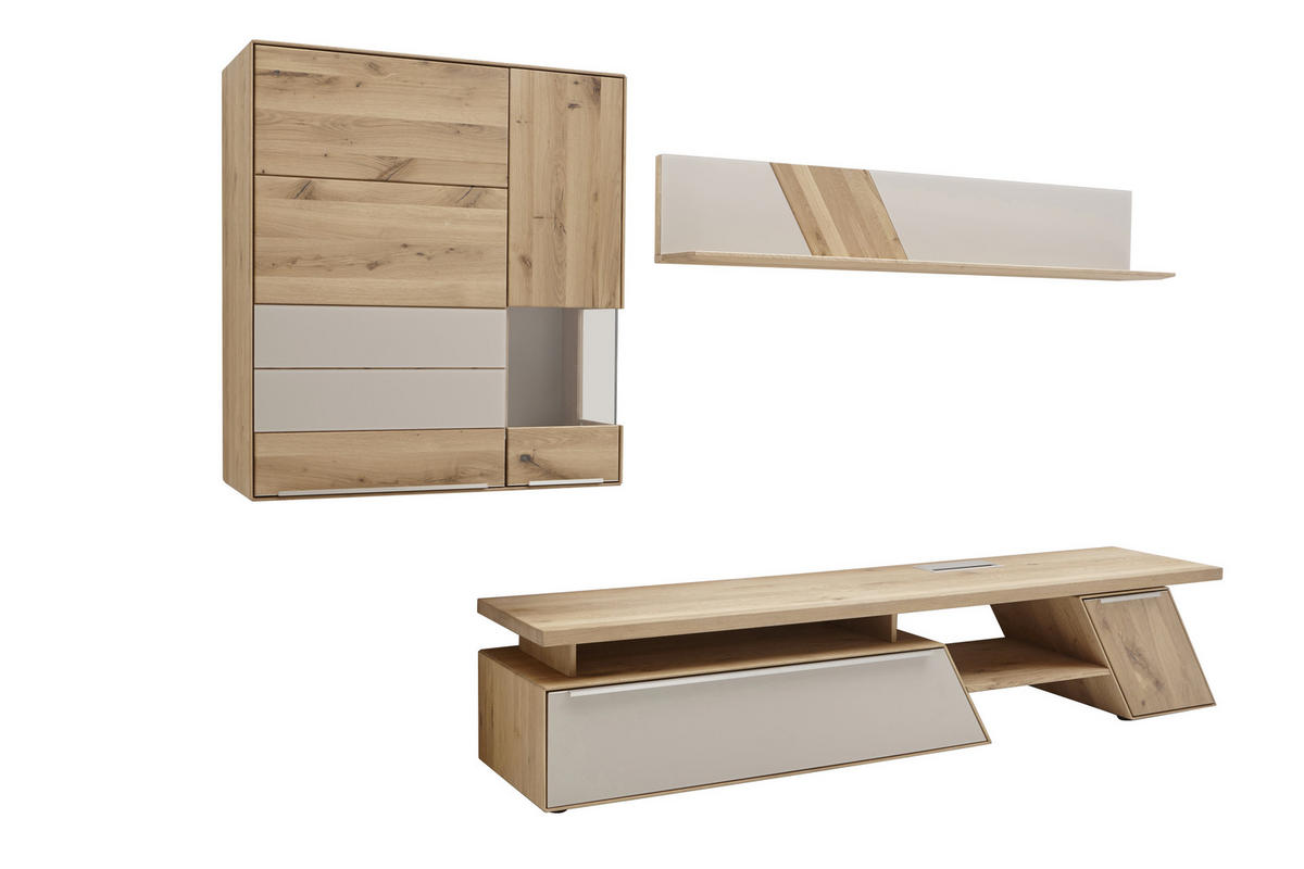 WOHNWAND  in Schlammfarben, Buchefarben  297/185/54 cm  - Edelstahlfarben/Schlammfarben, Natur, Glas/Holz (297/185/54cm) - Valnatura