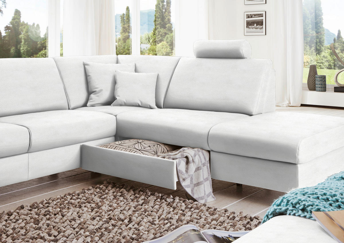 WOHNLANDSCHAFT in Echtleder Weiss  - Weiss/Alufarben, Design, Leder/Metall (165/339/233cm) - Beldomo Premium