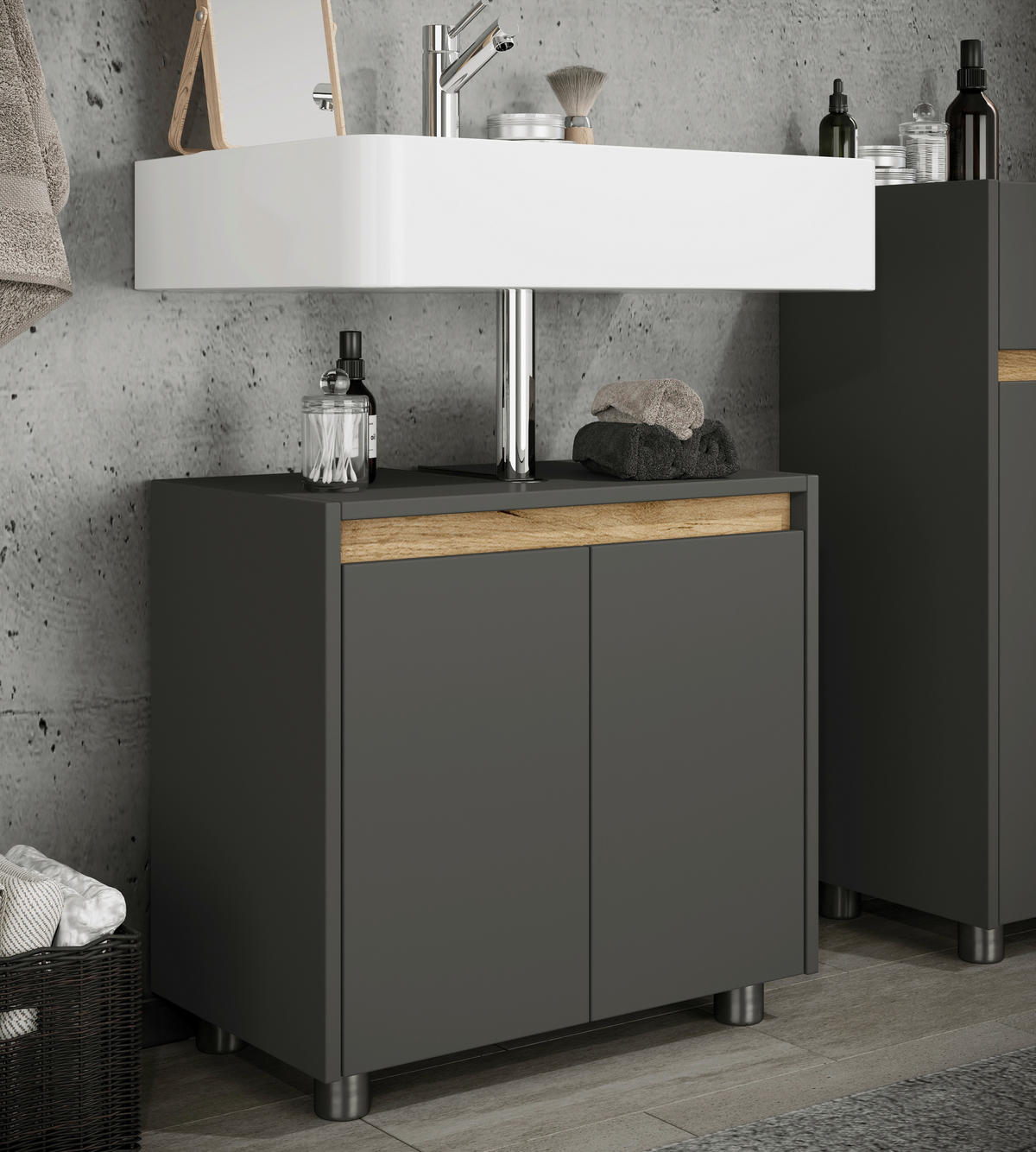 WASCHBECKENUNTERSCHRANK 57/55/33 cm  - Honigeiche/Anthrazit, Trend, Holzwerkstoff/Kunststoff (57/55/33cm) - MID.YOU
